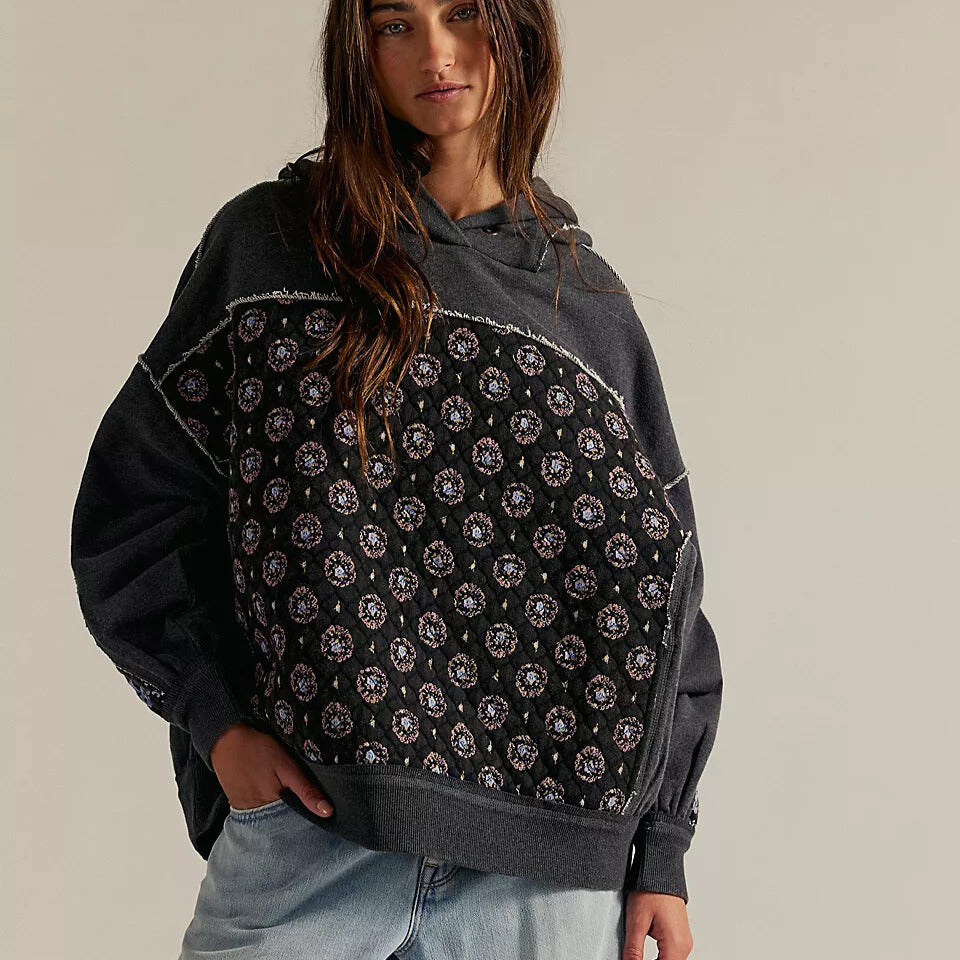 Florwen - Oversized Quiltad Patchwork Hoodie För Vardagen – bild 2