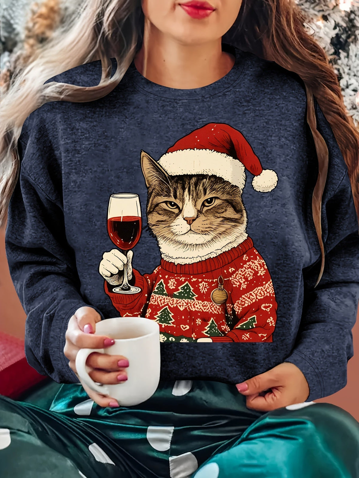 Noelira - Jultröja Dam Kattmotiv Avslappnad Passform Julfest – bild 4