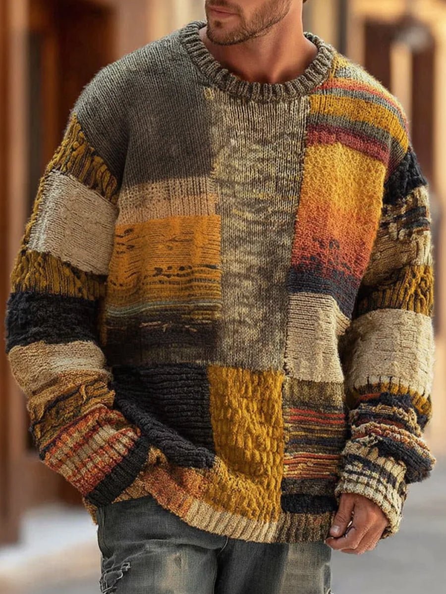Novelto - Stickad Tröja Herr Patchwork Färgblock Avslappnad Vardag
