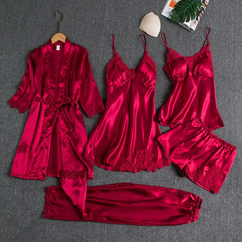 Satinora - Julpyjamas Dam Satin Femdelat Set Med Spetsdetaljer – bild 5