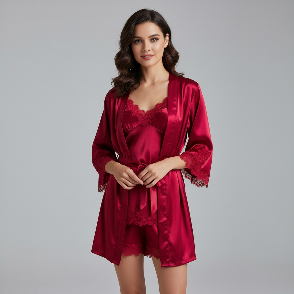 Satinora - Julpyjamas Dam Satin Femdelat Set Med Spetsdetaljer – bild 6