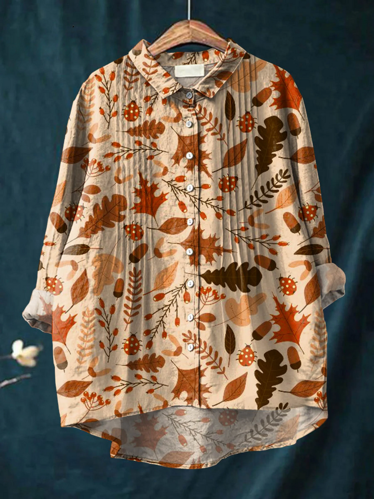 Kvinnor Vintage Höstblad Konsttryck Casual Bomull Och Linne Volangskjorta