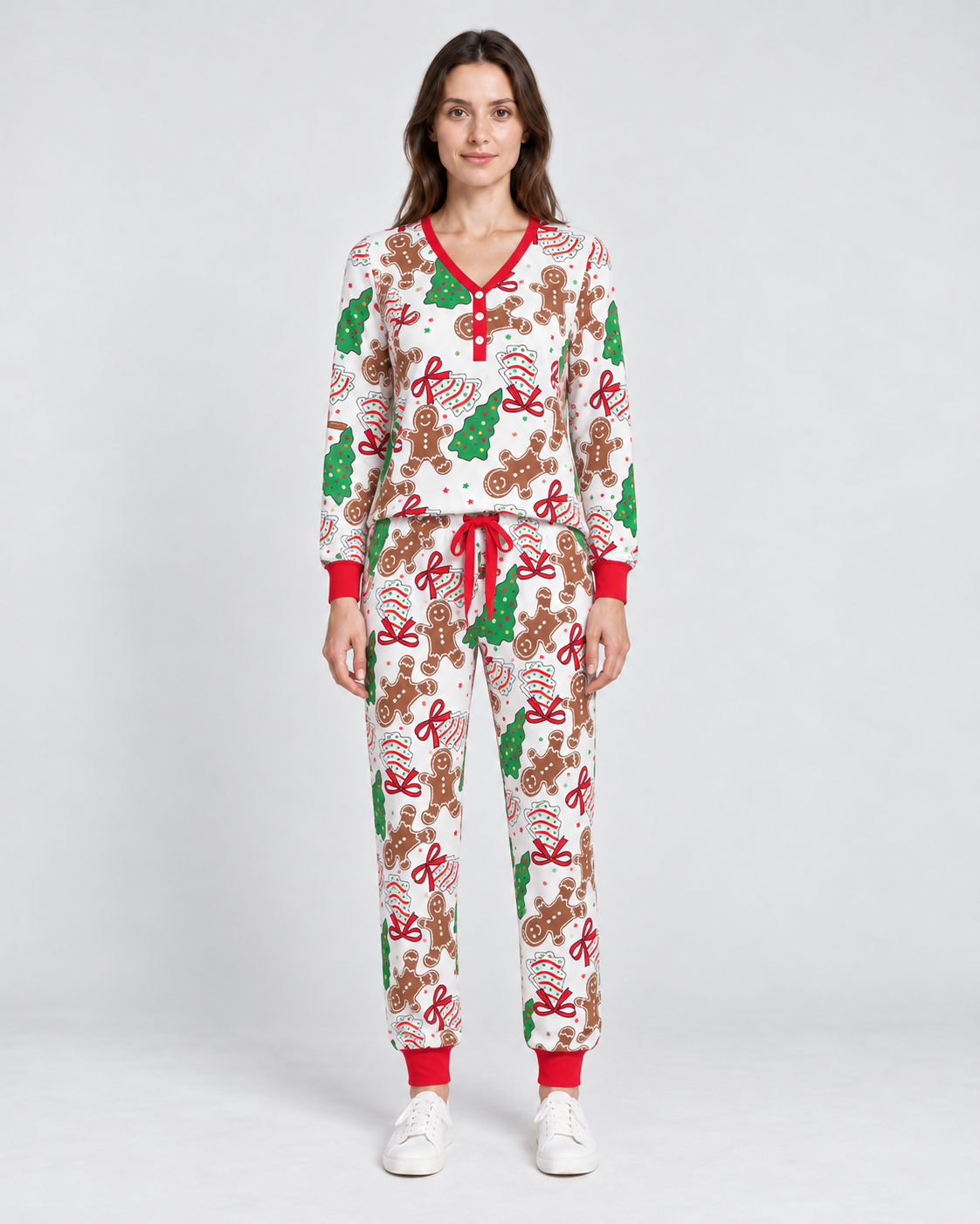 Jolette - Julpyjamas Dam V-Ringad Knappdetalj Byxor Med Snörning Jul – bild 2