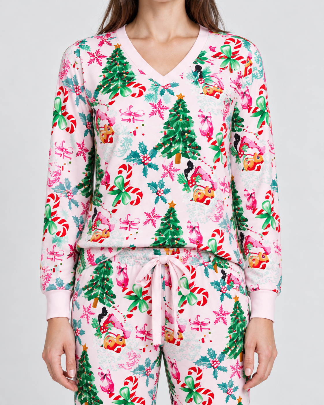 Jolette - Julpyjamas Dam V-Ringad Knappdetalj Byxor Med Snörning Jul – bild 3