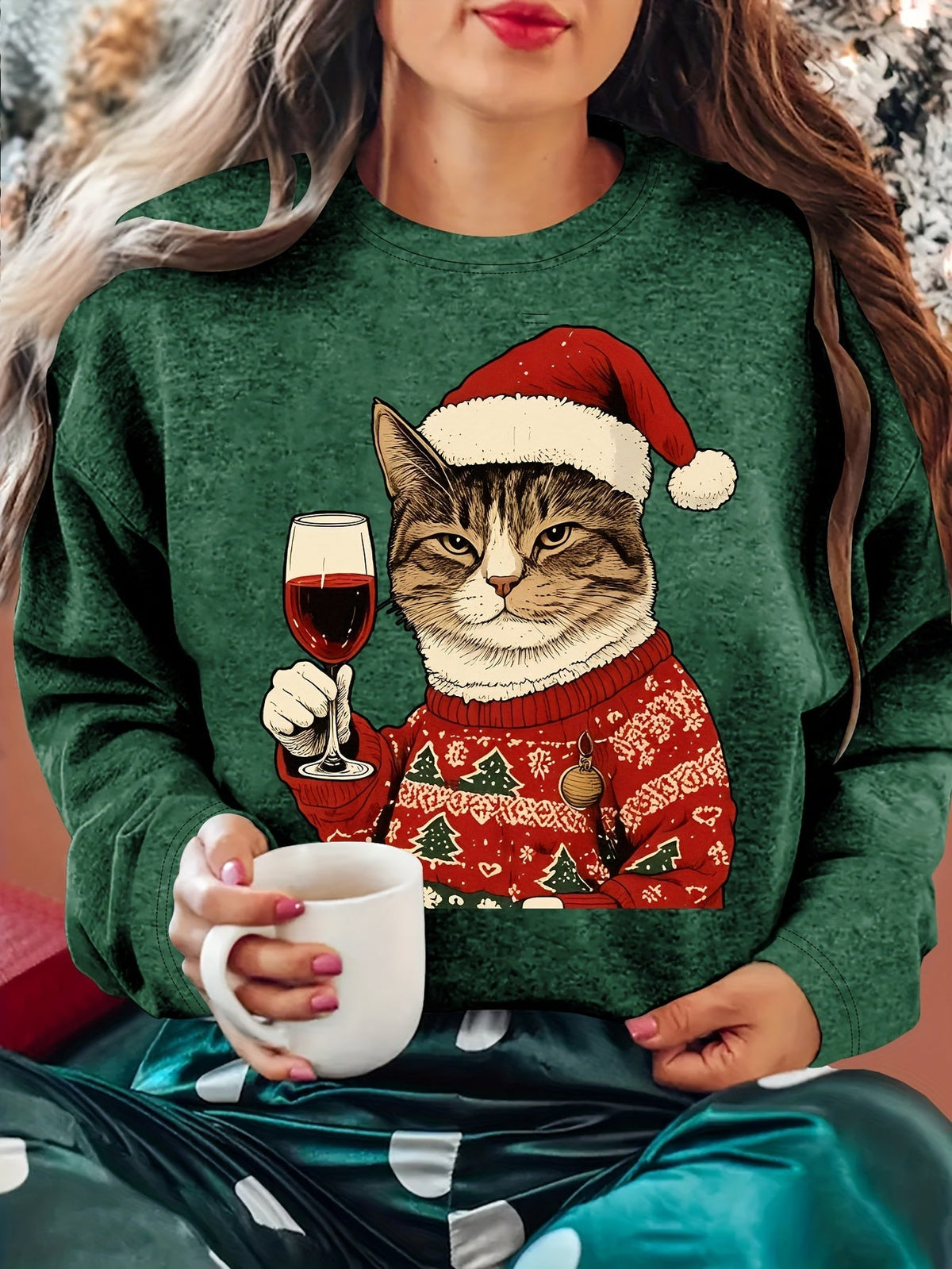 Noelira - Jultröja Dam Kattmotiv Avslappnad Passform Julfest