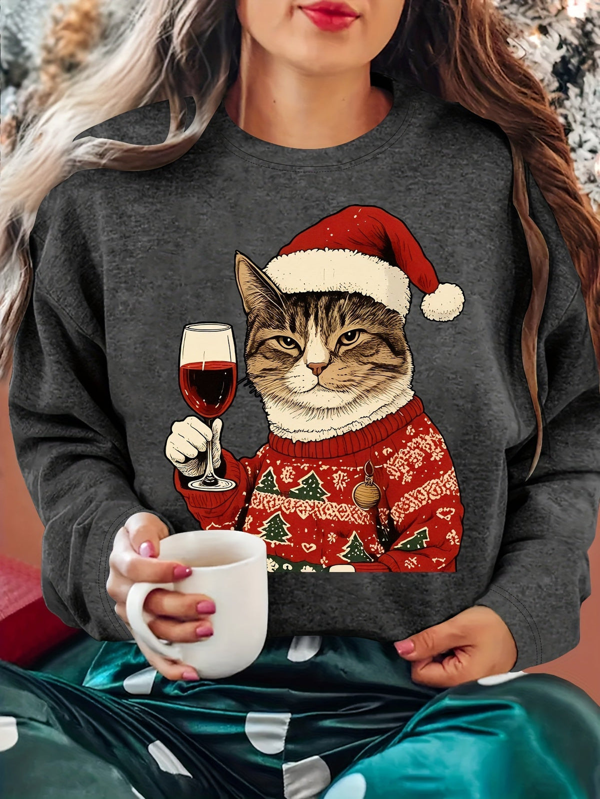 Noelira - Jultröja Dam Kattmotiv Avslappnad Passform Julfest – bild 2