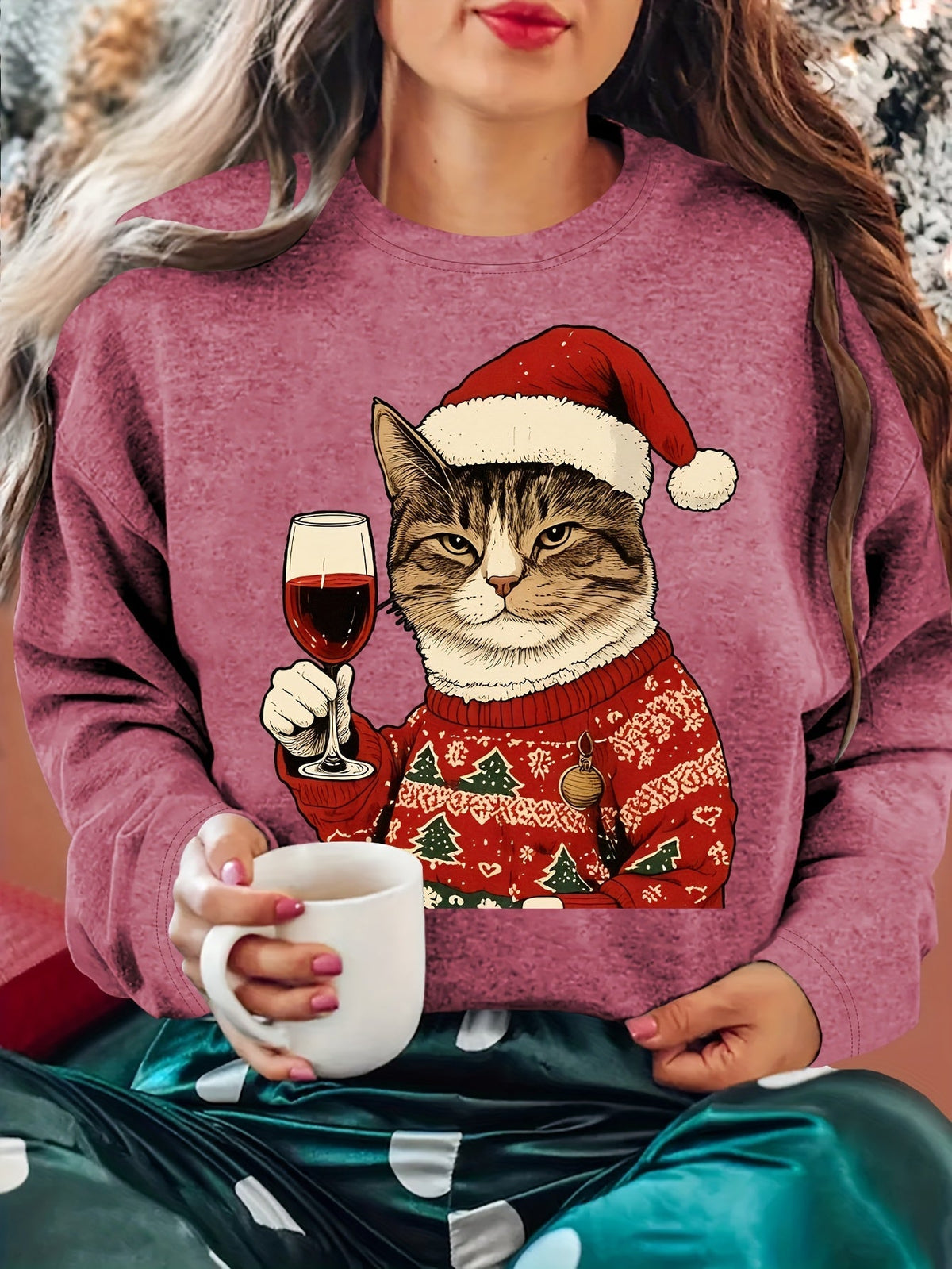 Noelira - Jultröja Dam Kattmotiv Avslappnad Passform Julfest – bild 3