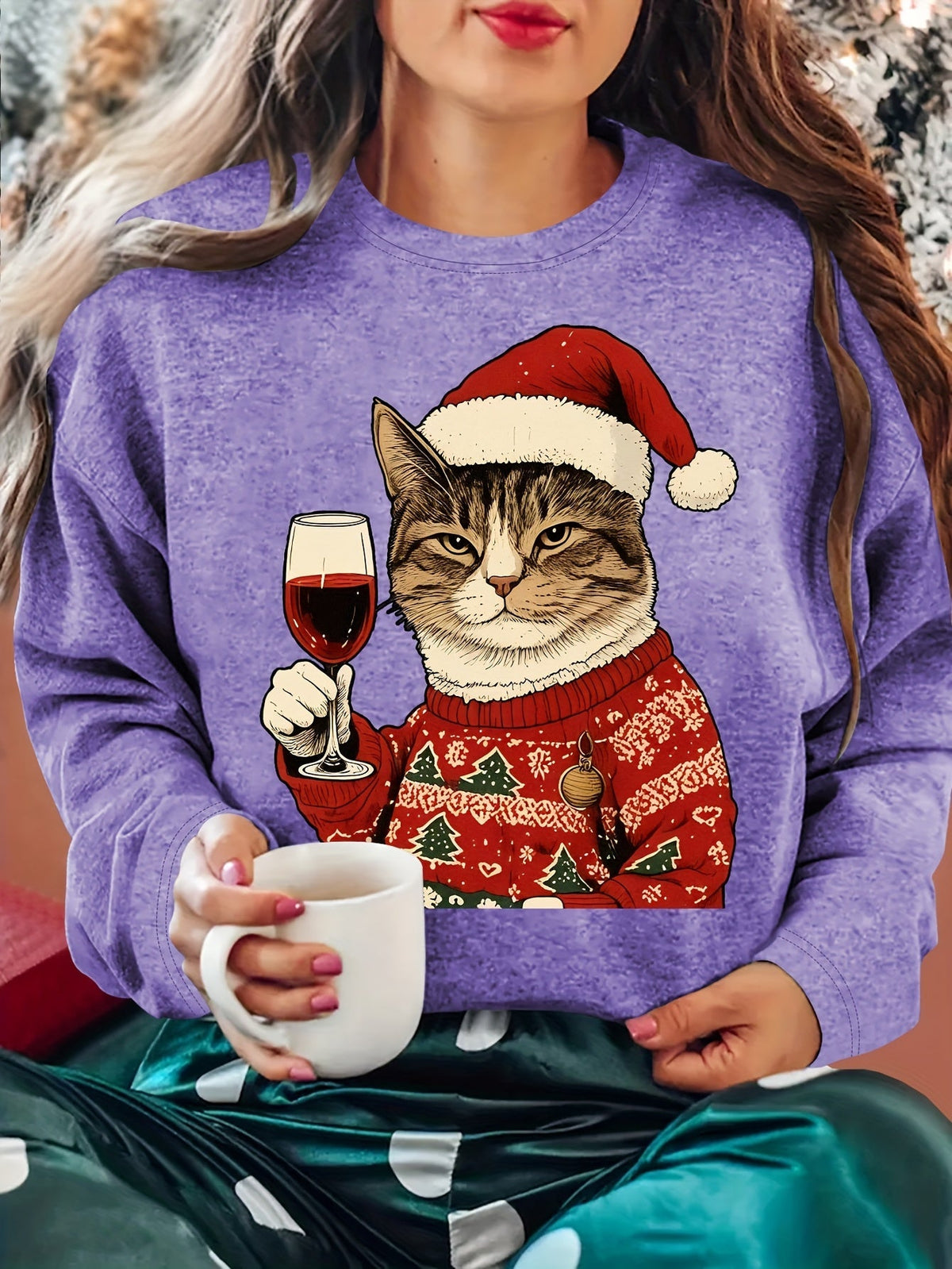 Noelira - Jultröja Dam Kattmotiv Avslappnad Passform Julfest – bild 5