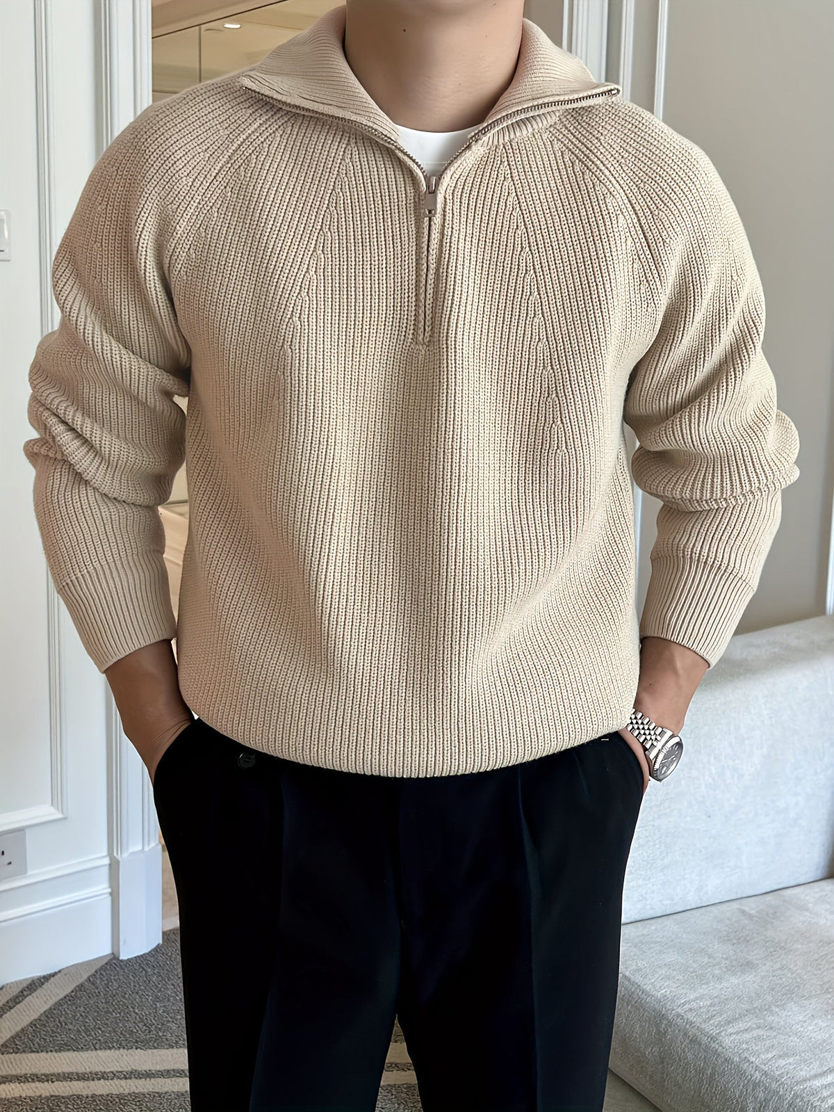 Novarib - Ribbstickad Herrtröja Med Kort Dragkedja – bild 4