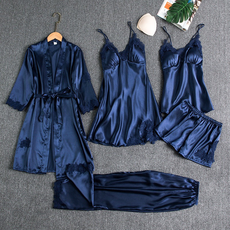 Satinora - Julpyjamas Dam Satin Femdelat Set Med Spetsdetaljer