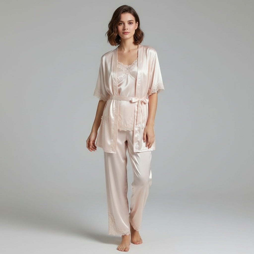 Satinora - Julpyjamas Dam Satin Femdelat Set Med Spetsdetaljer – bild 9